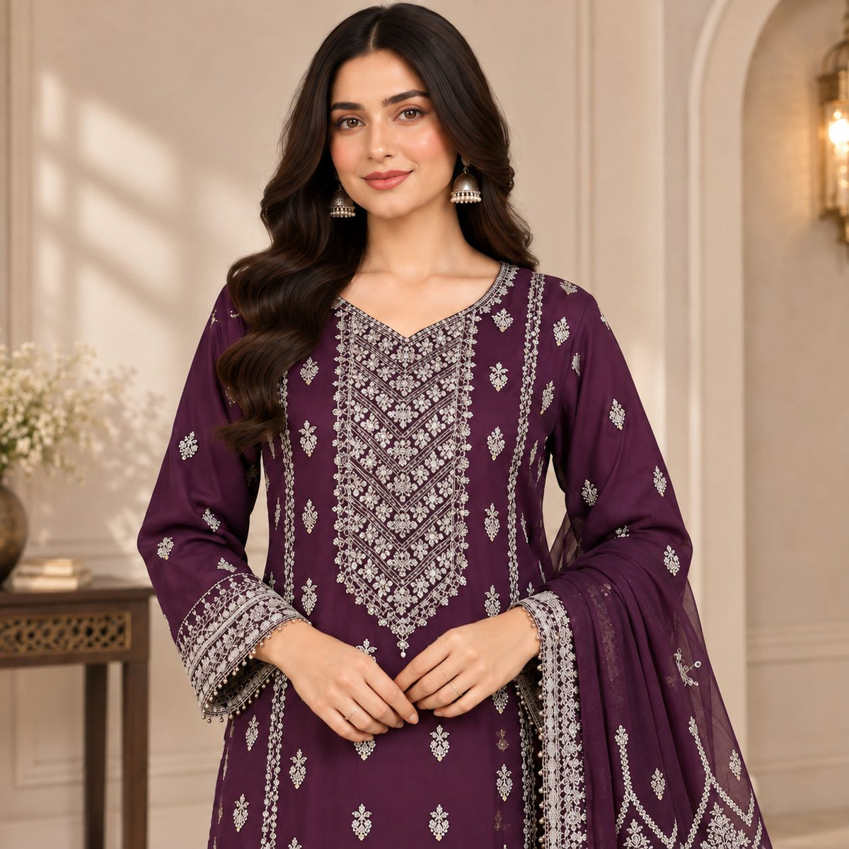Embellished Embroidered Chiffon 3 Piece Women Suit