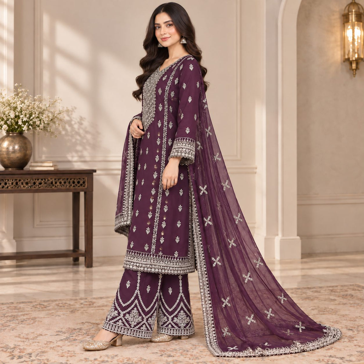 Embellished Embroidered Chiffon 3 Piece Women Suit