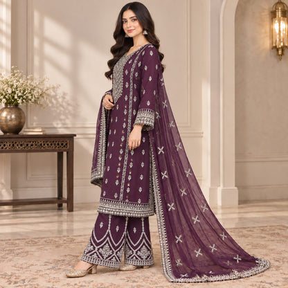 Embellished Embroidered Chiffon 3 Piece Women Suit