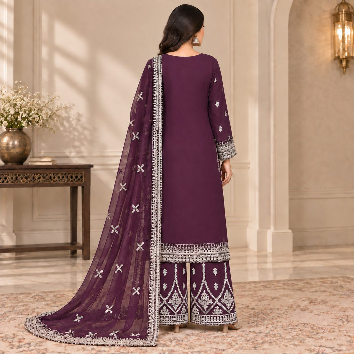 Embellished Embroidered Chiffon 3 Piece Women Suit