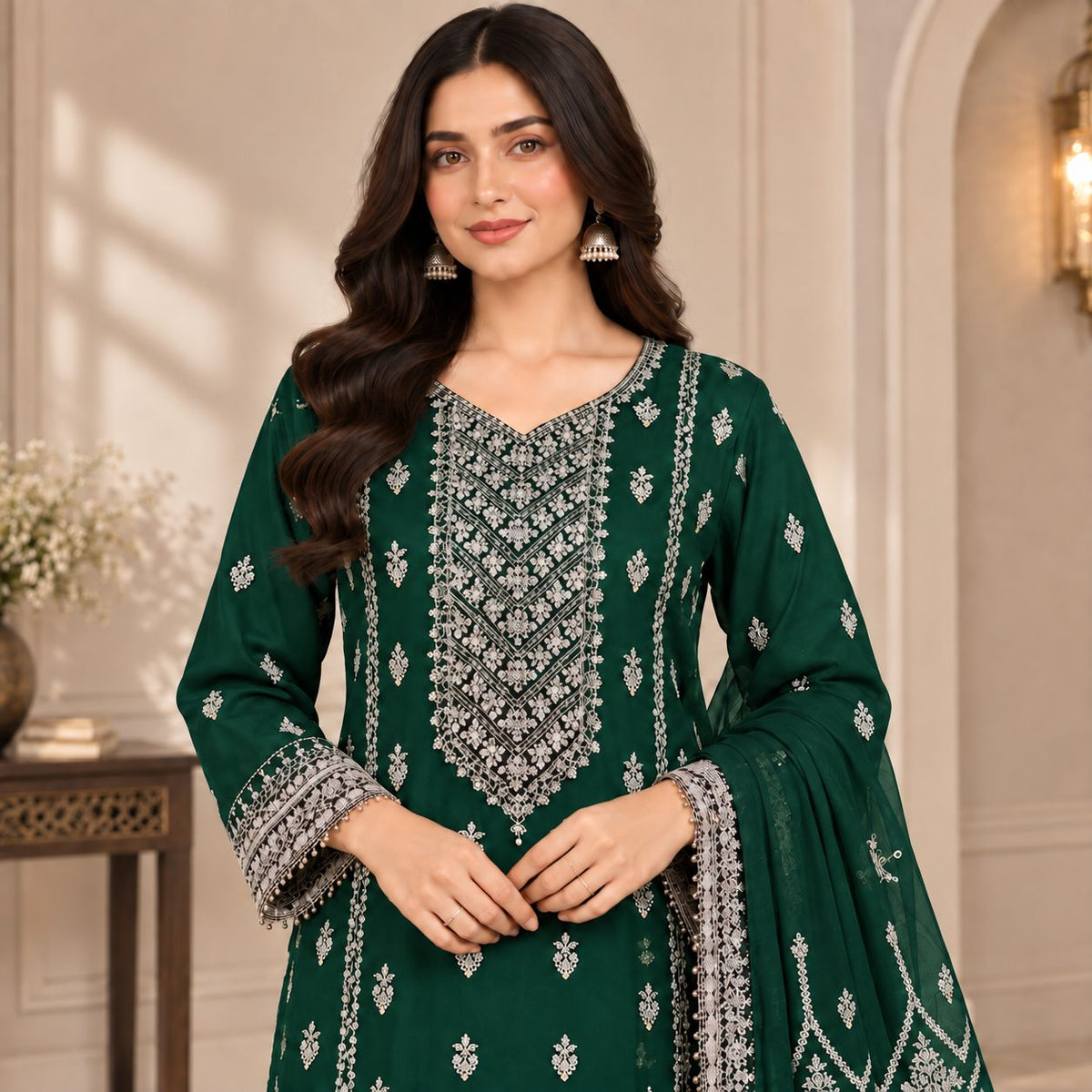 Embellished Embroidered Chiffon 3 Piece Women Suit