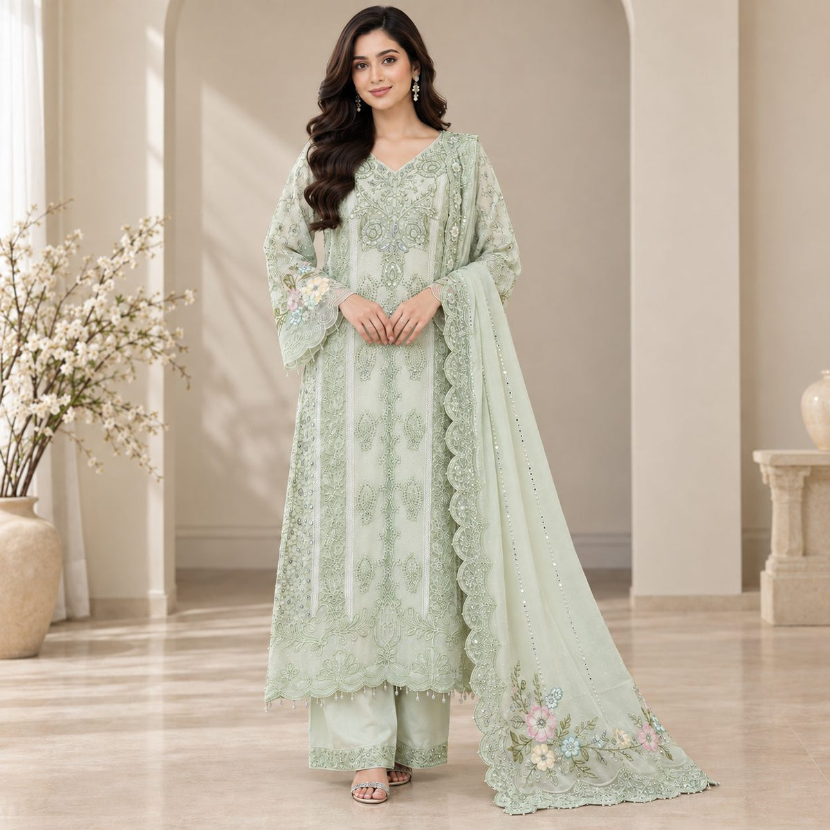 Ethereal Bloom Embellished Chiffon 3 Piece Women Suit