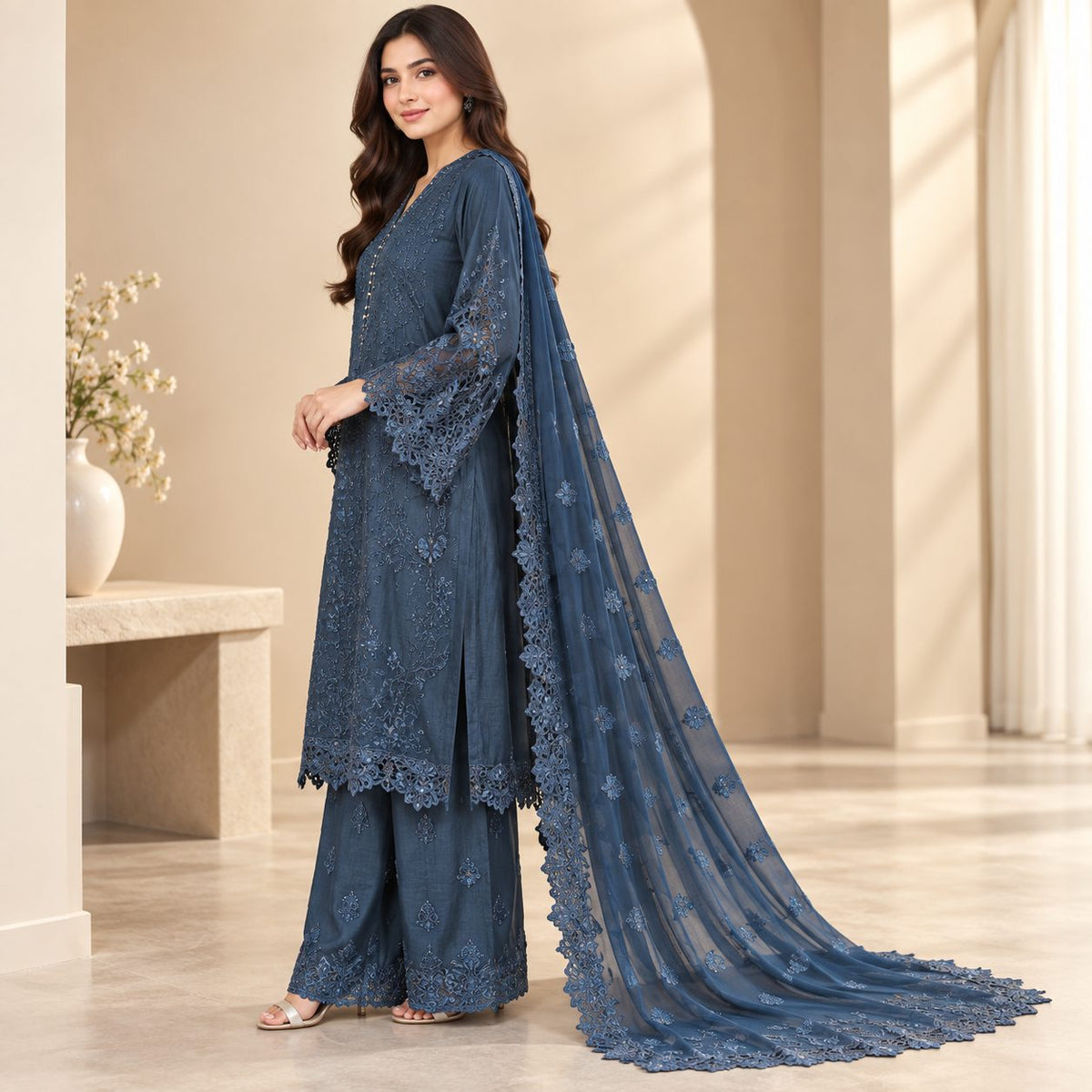 Luxe Embellished Embrioded Chiffon 3 Piece Women Suit