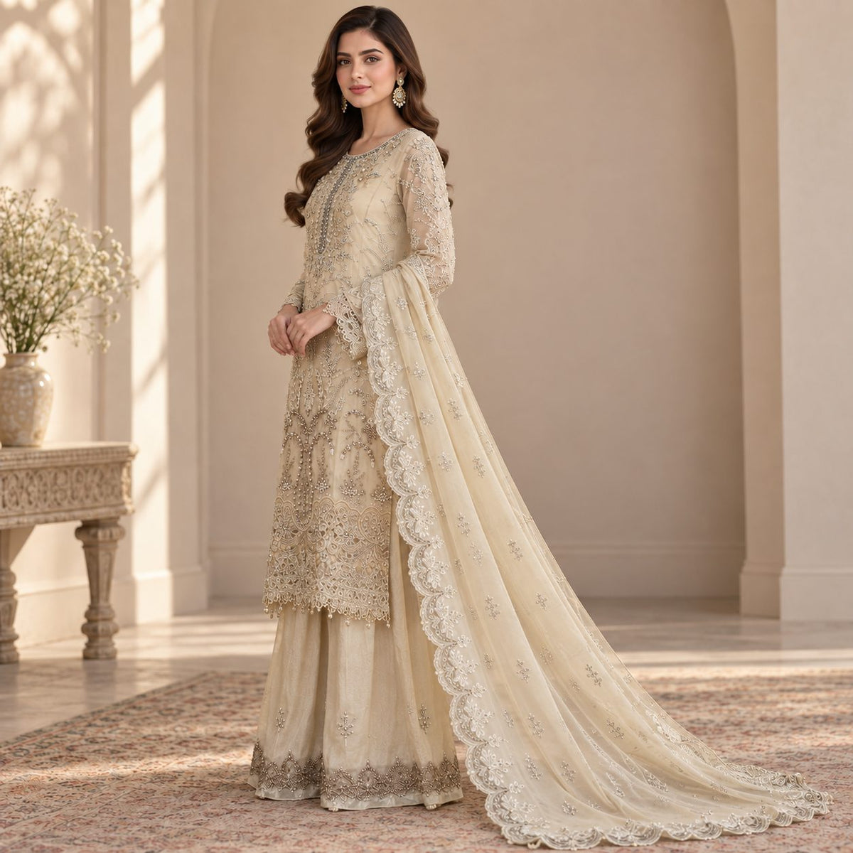 Luxe Embellished Embrioded Chiffon 3 Piece Women Suit