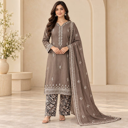 Blossom Aura 3 Piece Women Embroidered Suit