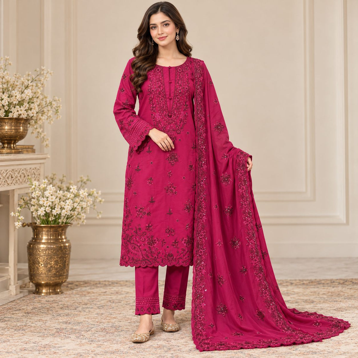 Garden Elegance 3 Piece Women Embroidered Suit
