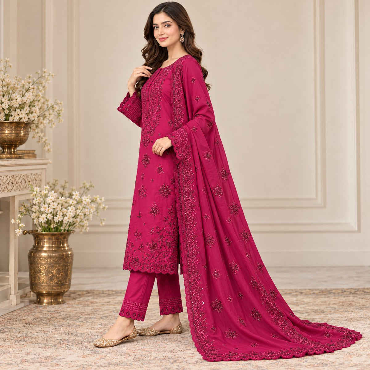 Garden Elegance 3 Piece Women Embroidered Suit