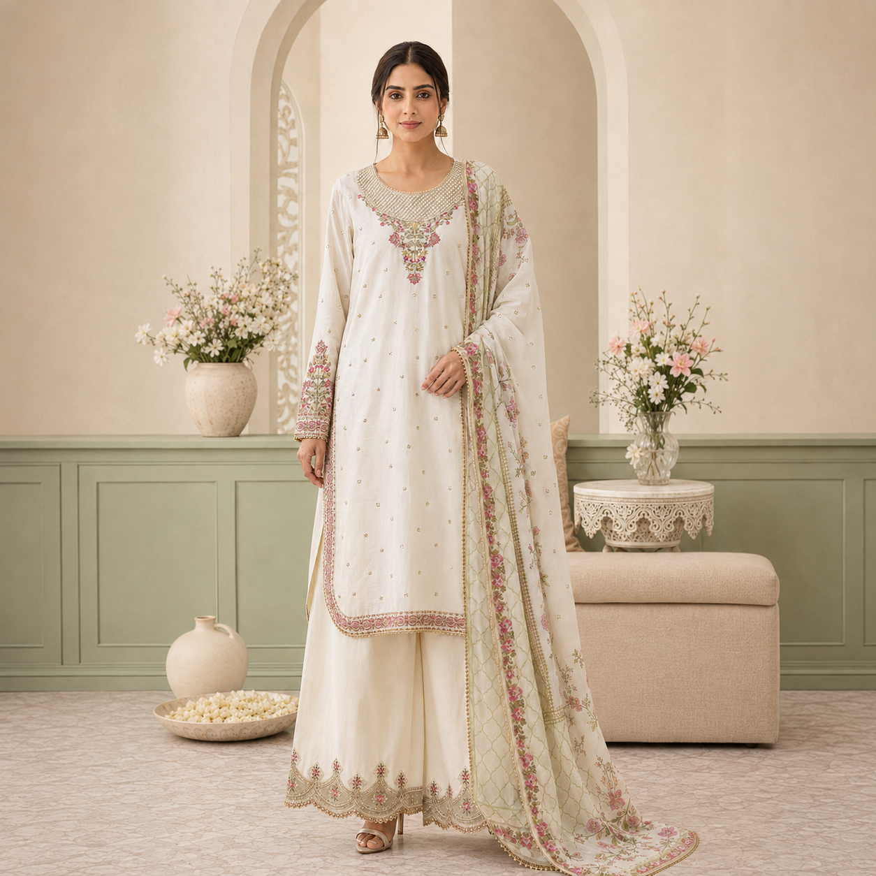 Serene Bloom Embroidered 3-Piece Palazzo Set