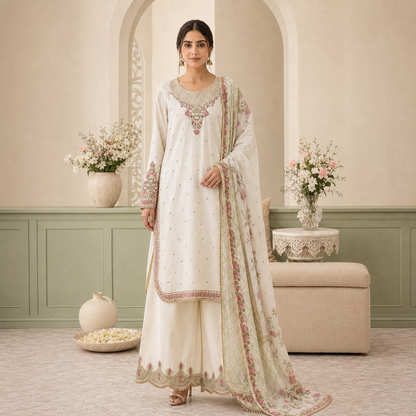Serene Bloom Embroidered 3-Piece Palazzo Set