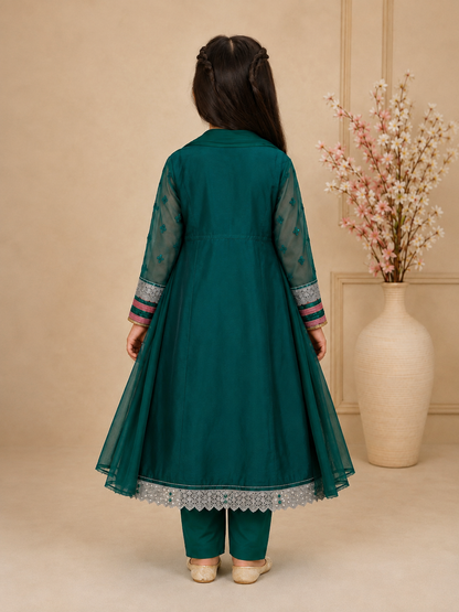 Emerald Blossom Girls Embroidered Chiffon Maxi