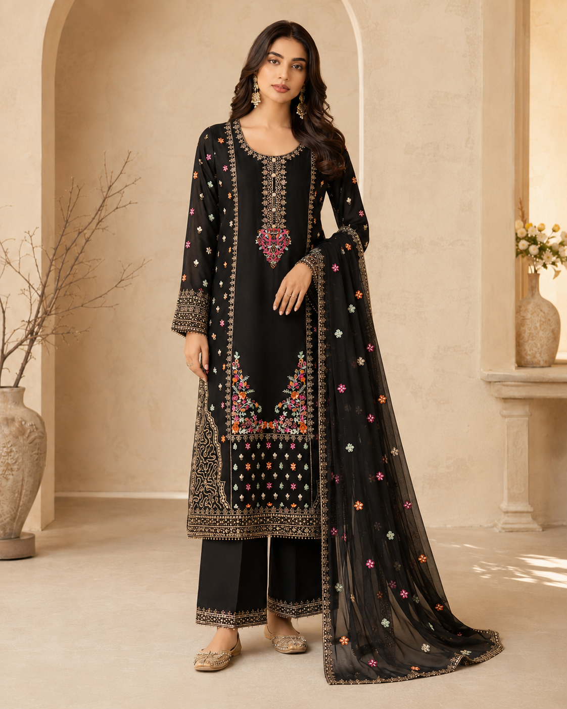 Midnight Garden Embroidered 3-Piece Sharara Set