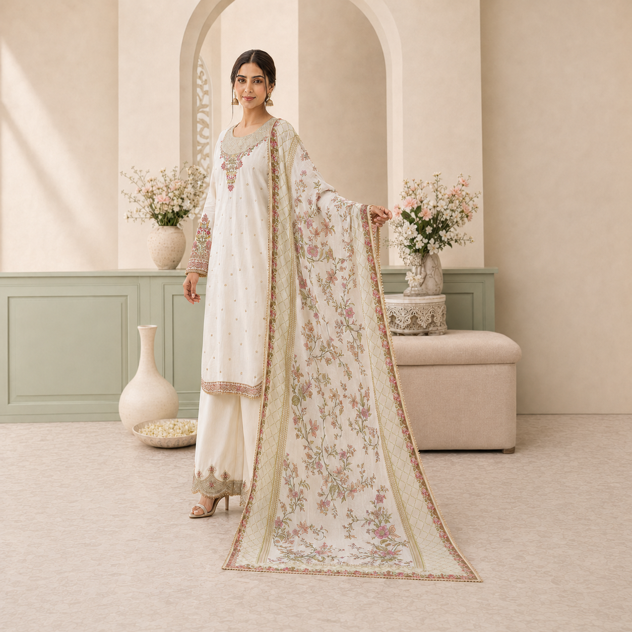 Serene Bloom Embroidered 3-Piece Palazzo Set
