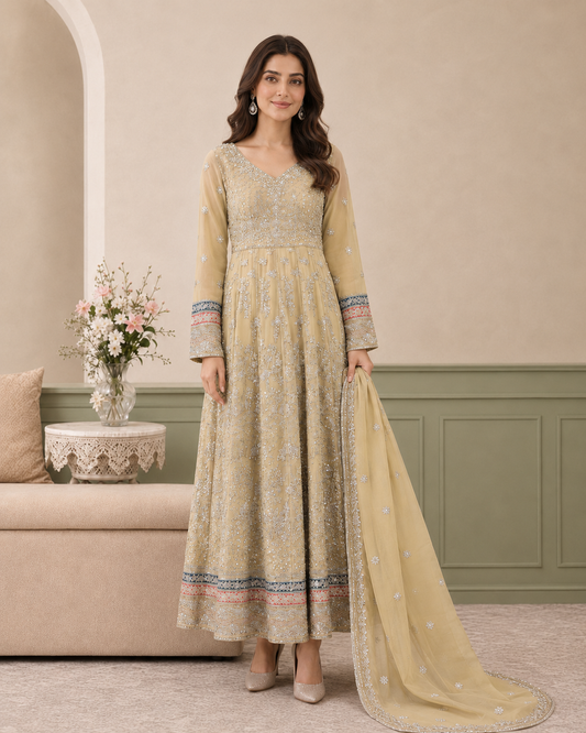 Emerald Blossom Embroidered Chiffon Maxi