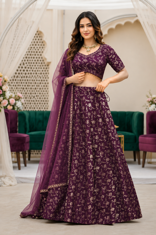 Plum Vine Elegance 3-Piece Lehenga Set
