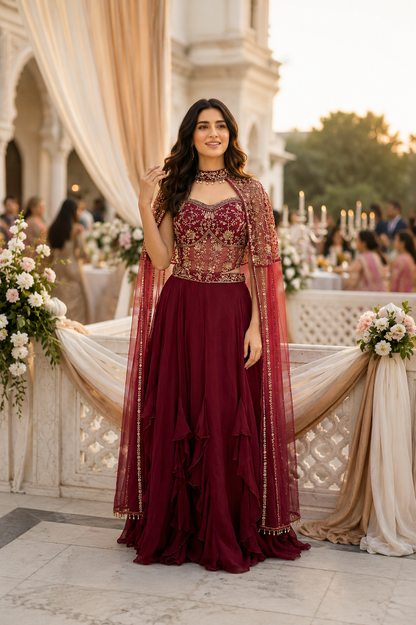 Crimson Elegance Cape 3-Piece Lehenga Set