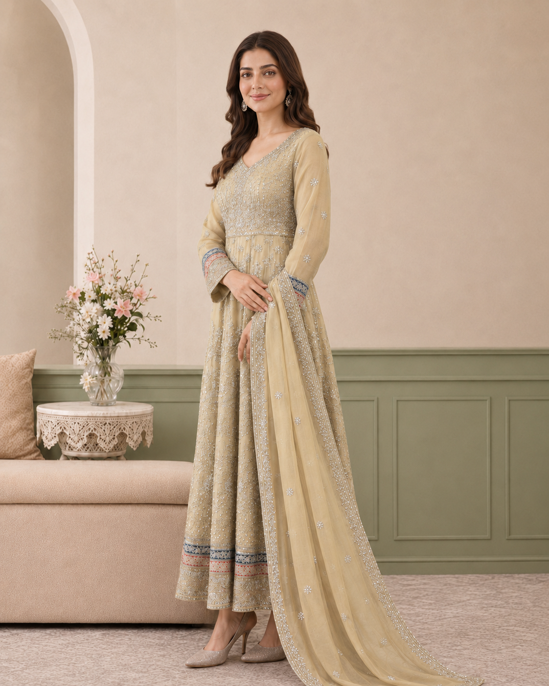 Emerald Blossom Embroidered Chiffon Maxi