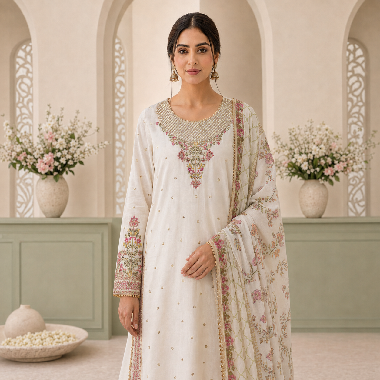Serene Bloom Embroidered 3-Piece Palazzo Set