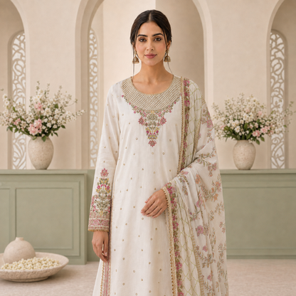 Serene Bloom Embroidered 3-Piece Palazzo Set