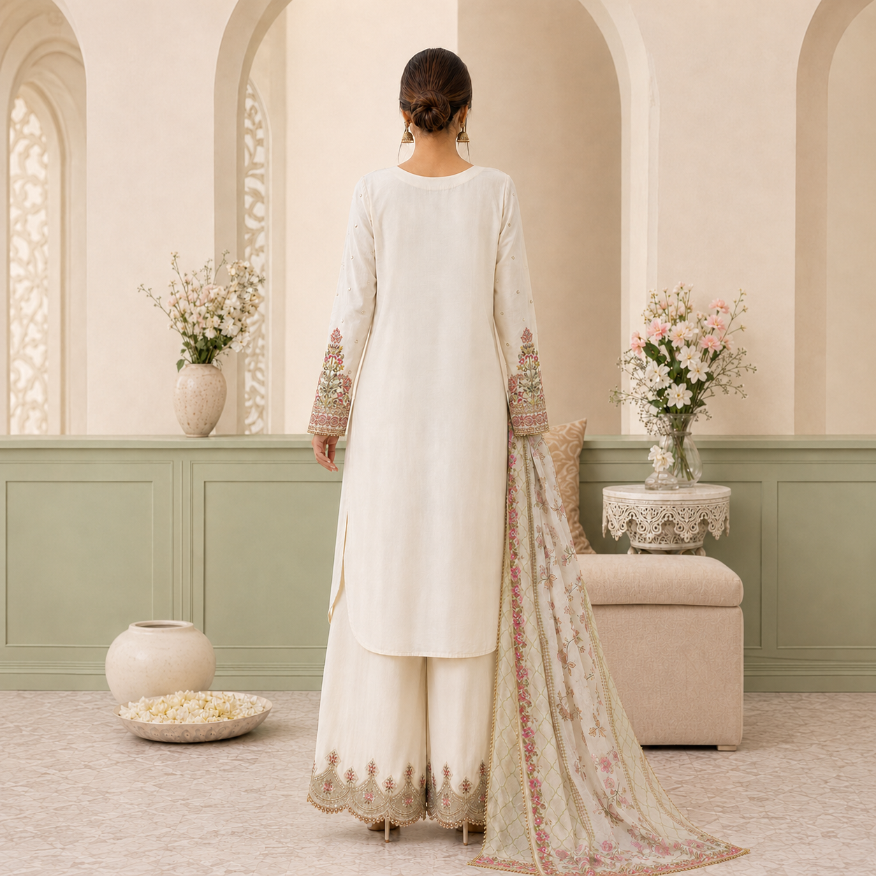 Serene Bloom Embroidered 3-Piece Palazzo Set