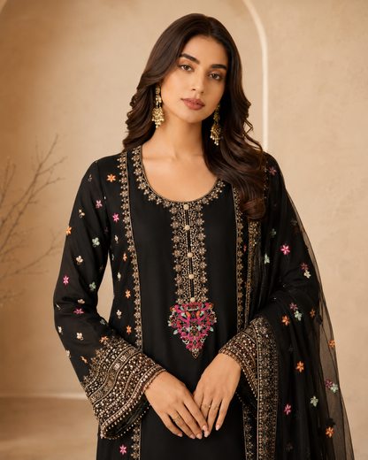 Midnight Garden Embroidered 3-Piece Sharara Set