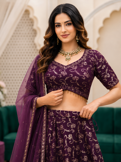 Plum Vine Elegance 3-Piece Lehenga Set